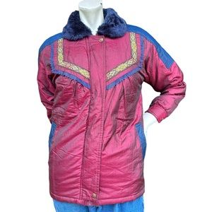 Vintage 90s Maroon & Navy Quilted Puffer Jacket with Faux Fur Trim Size 10 Kids